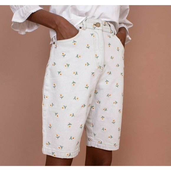 Meadows Begonia Shorts Daisy Embroidery High Waist Tapered Denim Sz 31